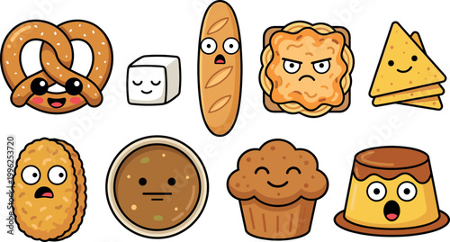 Cheerful food characters with expressive emotions for children’s activity sheets, playful sticker packs, branding mascots, and creative culinary projects