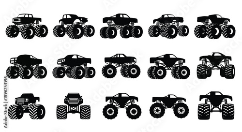 A collection of monster trucks illustrated in a bold black silhouette