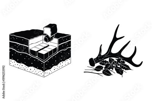 Layered soil cross-section and antler illustration with wildlife, silhouette