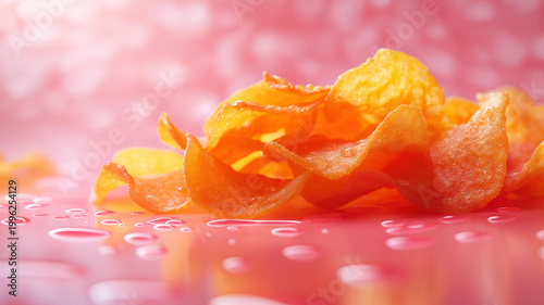 Golden potato chips against a pink background, illuminated by studio lighting—perfect for food photography and marketing materials