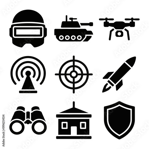 Military technology icons display helmet, tank, drone, radar, crosshair, rocket, binoculars, building, shield.