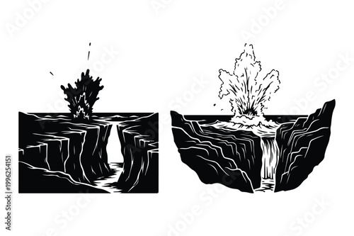 Geological canyon and geyser illustration with eruption landscape outdoors