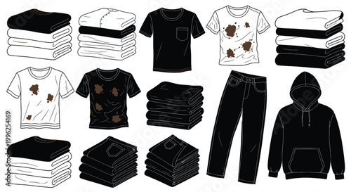 Folded clothing items including t shirts pants and a hoodie in a flat lay silhouette