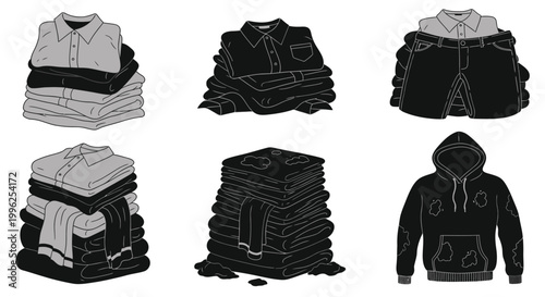 Tableau sur toile Folded clothing stacks including shirts pants and a hoodie silhouette