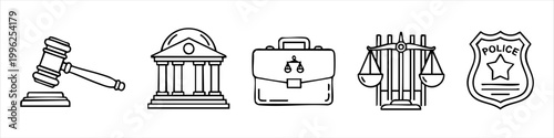 Justice and Law Icon Set: Judge Gavel, Courthouse, Lawyer Briefcase, Scales, and Police Badge Line Art Illustrations