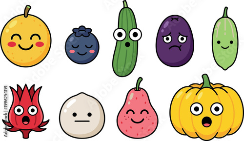 Cheerful fruit and vegetable characters with emotions for children’s storybooks, playful sticker packs, branding mascots, and creative educational projects