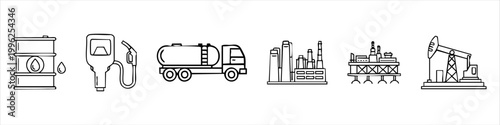Oil and Gas Industry Icon Set Featuring Oil Barrel, Gas Pump, Tanker Truck, Refinery Plant, Offshore Platform and Pumpjack Line Art.