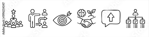 Set of Minimalist Business Icons Representing Leadership, Strategic Goals, Delegation, Collaboration, and Professional Growth