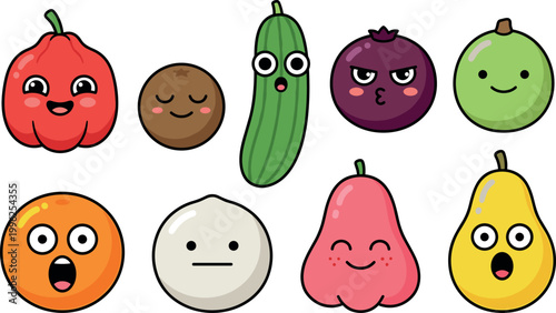 Expressive fruit and vegetable characters with emotions for children’s learning materials, playful sticker packs, branding mascots, and creative design projects