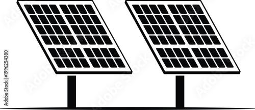 Pair of black solar panels on stands against white background for renewable energy concept