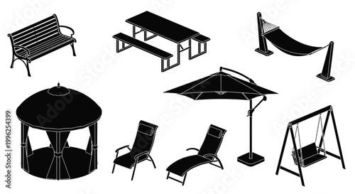 Black silhouettes of outdoor furniture including a bench table and swing set silhouette