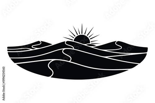 Minimalist desert landscape with sand dunes and sun vector silhouette abstract