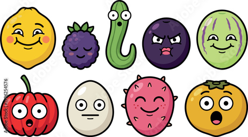 Colorful fruit and vegetable characters with expressive emotions for children’s storybooks, playful sticker packs, educational posters, and creative branding projects