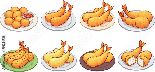 Fried shrimp and seafood dishes vector set with tempura prawns and appetizers on plates crispy food illustration collection