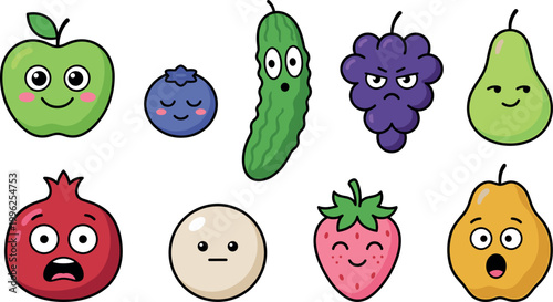 Vibrant fruit and vegetable characters with expressive emotions for playful sticker sets, children’s learning resources, branding mascots, and creative art projects