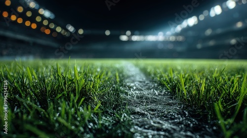 High quality photo of green grass macro in sports arena with lights background. Close up of soccer field lines. Background soccer lawn grass football stadium ground view.