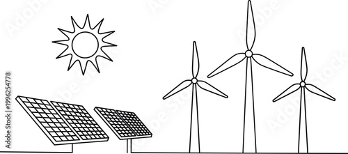 Flat design renewable energy sources with solar panels and wind turbines on white background