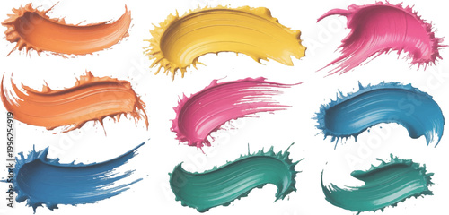 Vibrant colorful acrylic paint brush strokes and messy wet ink splatters set abstract vector illustration. 