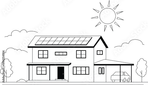 Eco-friendly modern house with solar panels under sunny sky flat design illustration