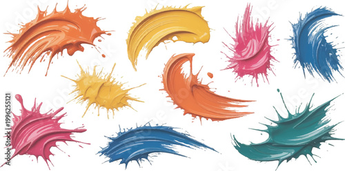Vibrant colorful acrylic paint brush strokes and messy wet ink splatters set abstract vector illustration. 