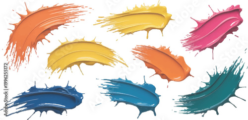 Vibrant colorful acrylic paint brush strokes and messy wet ink splatters set abstract vector illustration. 