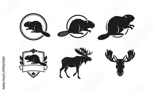 Beaver and moose wildlife silhouettes in forest emblems vector line art icons illustration.