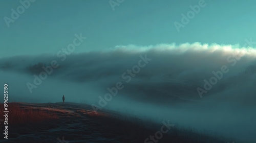 Solitary figure standing on a hilltop surrounded by dense fog and mist, with a serene blue sky and soft clouds in the background during early morning light