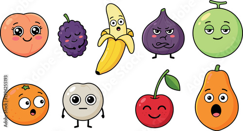Playful cartoon vector illustration of assorted fruits with expressive faces showing emotions such as happiness, surprise, anger, sleepiness, neutrality, and cheerfulness