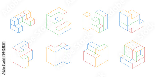 Set of isometric figures. Architectural cubes, blocks. Engineering figures for construction. Vector illustration.