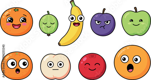 Playful cartoon vector illustration of assorted fruits with expressive faces showing emotions such as happiness, sleepiness, surprise, mischief, and cheerfulness