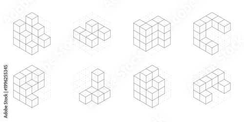 Architectural cubes, blocks. Set of isometric figures. Engineering figures for construction. Vector illustration.