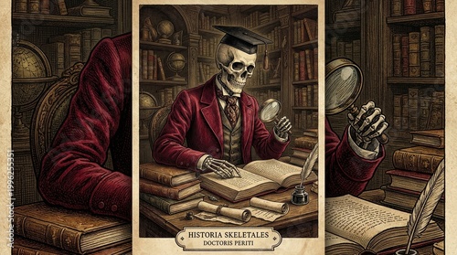 A distinguished skeleton scholar in academic attire diligently studies ancient texts and manuscripts within a grand, vintage library, symbolizing an eternal quest for wisdom