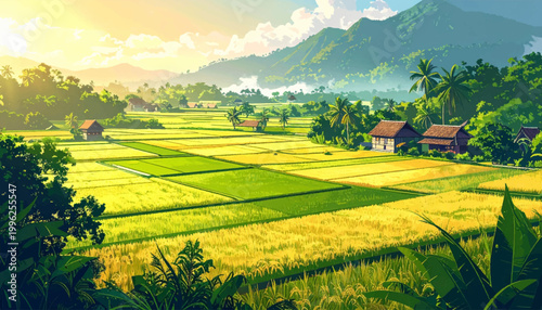 Expansive paddies beneath towering peaks and scattered cottages. Broad agricultural vista with mountain backdrop and sunny plots. Open rural plain showing harvest blocks near tropical foothills