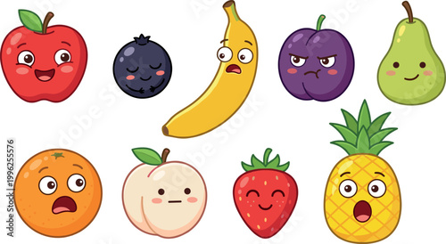 Playful cartoon vector illustration of assorted fruits with expressive faces showing emotions such as happiness, surprise, anger, sleepiness, and cheerfulness