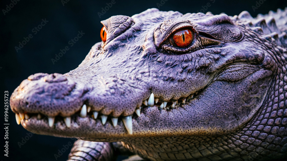Fototapeta premium Close-up portrait of a powerful surreal alligator with intense orange eyes