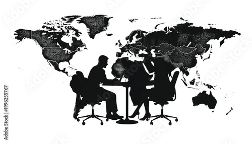 Businesspeople conduct a global meeting in front of a large world map to discuss international trade.