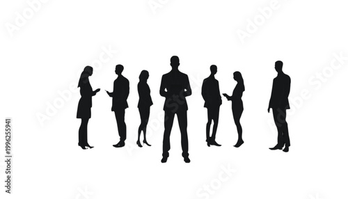 Professionals gather in a group silhouette to represent modern corporate teamwork and office culture.