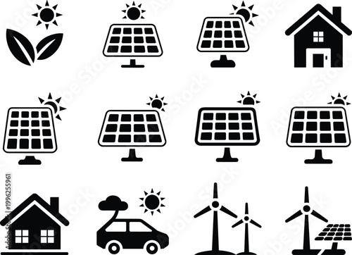 flat design renewable energy icons set with solar panels, wind turbines, and eco-friendly house