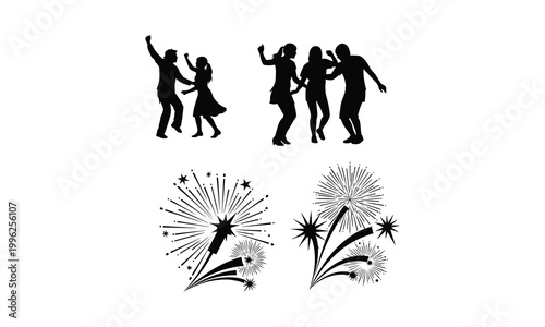 Canada day celebration vector silhouettes of people dancing and fireworks show illustration.