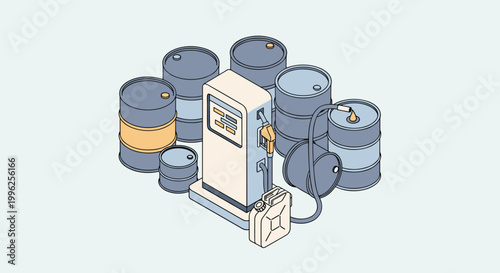 Industrial oil drum pump in isometric illustration with gray and yellow color in modern style for manufacturing