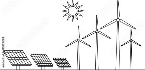 renewable energy sources vector illustration with solar panels and wind turbines under bright sun