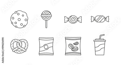 Collection of sweet and savory snack icons in outline style.