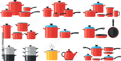 Kitchen cookware vector set including pots pans kettles and steamers colorful cooking utensils collection isolated flat illustration design