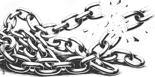 Breaking heavy metal chains with flying shattered links concept of freedom and liberation vector illustration.