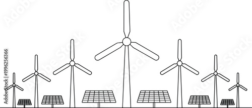 Flat design renewable energy network with solar panels and wind turbines interconnected