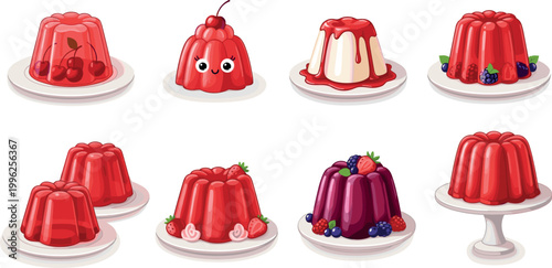 Colorful jelly dessert vector set with fruit gelatin puddings on plates including strawberry cherry and berry flavors sweet food illustration
