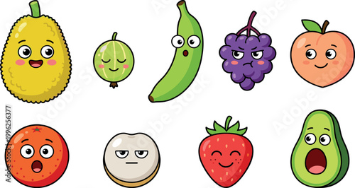 Playful cartoon fruits with expressive faces showing emotions, including banana, jackfruit, grapes, peach, orange, lychee, strawberry, avocado