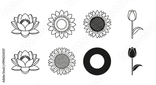 Collection of floral illustrations and icons including lotus flowers sunflowers and tulips.