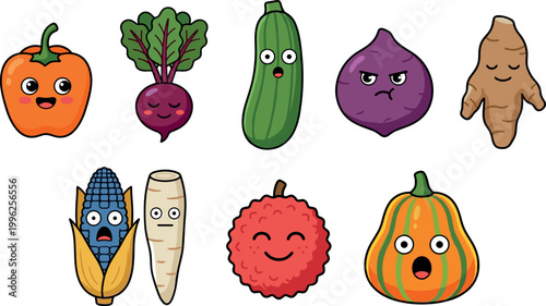 Cute Cartoon Vegetable and Fruit Characters Set with Orange Pepper Beetroot Zucchini Fig Ginger Corn Parsnip Rambutan Pumpkin Funny Faces Vector Illustration