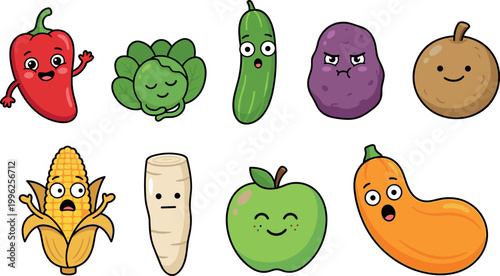 Cute Cartoon Vegetable and Fruit Characters Set with Red Pepper Lettuce Cucumber Potato Sapodilla Corn Parsnip Apple Squash Funny Faces Vector Illustration